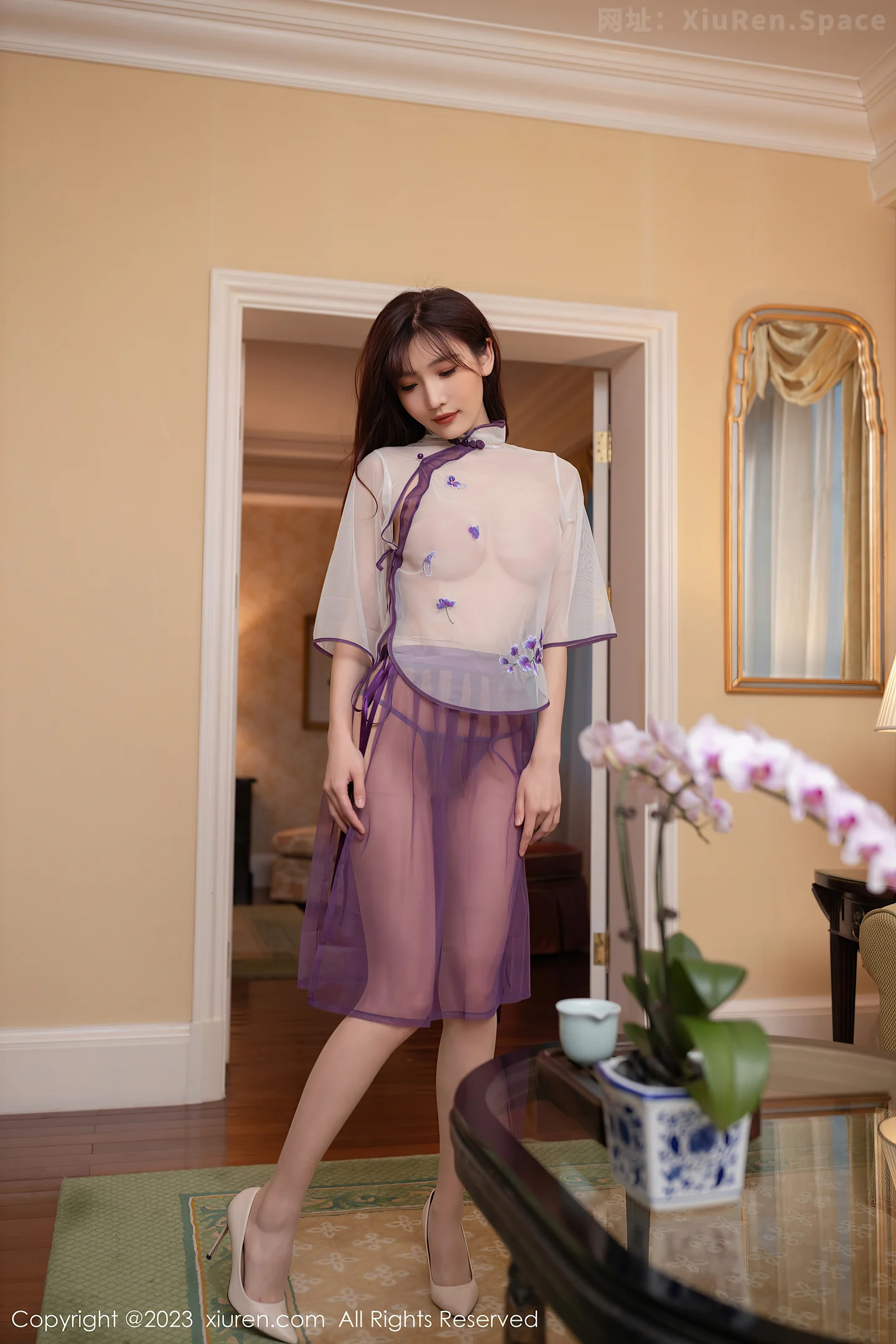 图片[2]-[XiuRen秀人网]2023.04.20 VOL.6608 陆萱萱 白色透视旗袍与粉色情趣短裙加肉丝美腿性感私房写真集-秀人网官方网站